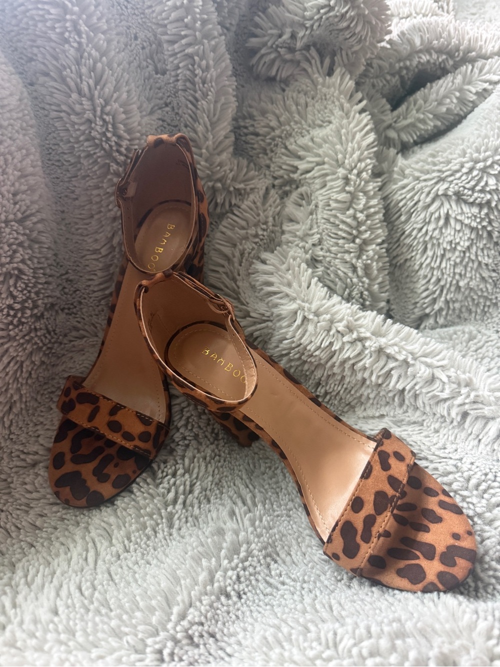 BAMBOO Leopard Print Open-Toe Ankle Strap Heels - Brown/Black